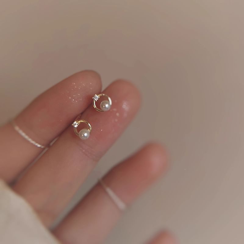Stud Faux Pearl Earring Rhinestone Alloy