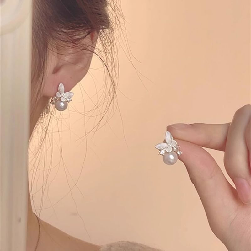 Alloy Earring Drop Faux Pearl Butterfly
