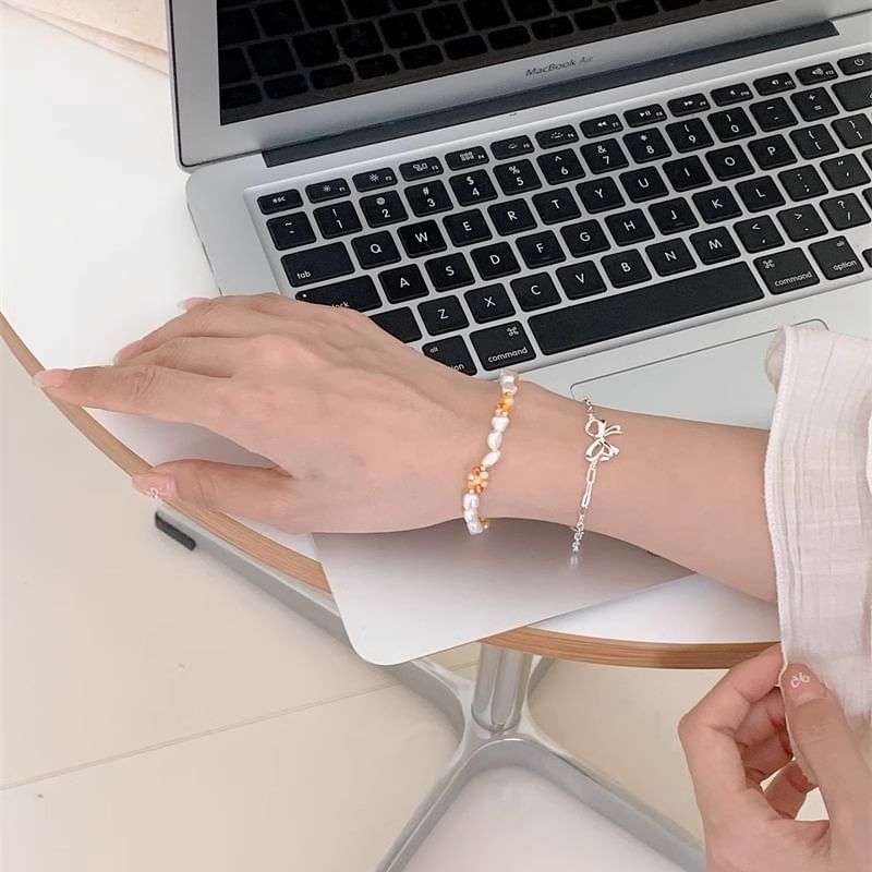 Natural Pearl / Bracelet Sterling Beaded 925 Bow Silver