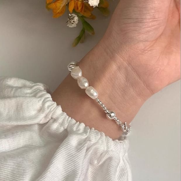 Silver Faux Pearl Beaded Sterling 925 Bracelet