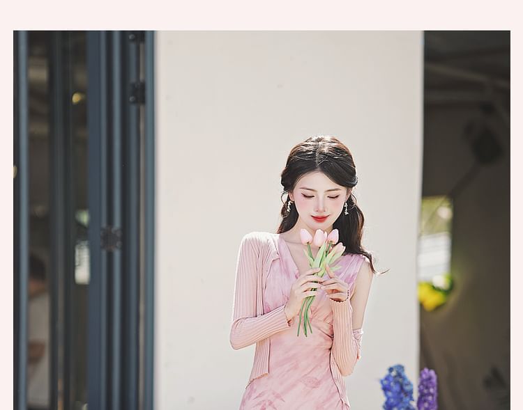 Sleeveless V-Neck Floral Maxi A-Line Sundress / Cardigan / Set