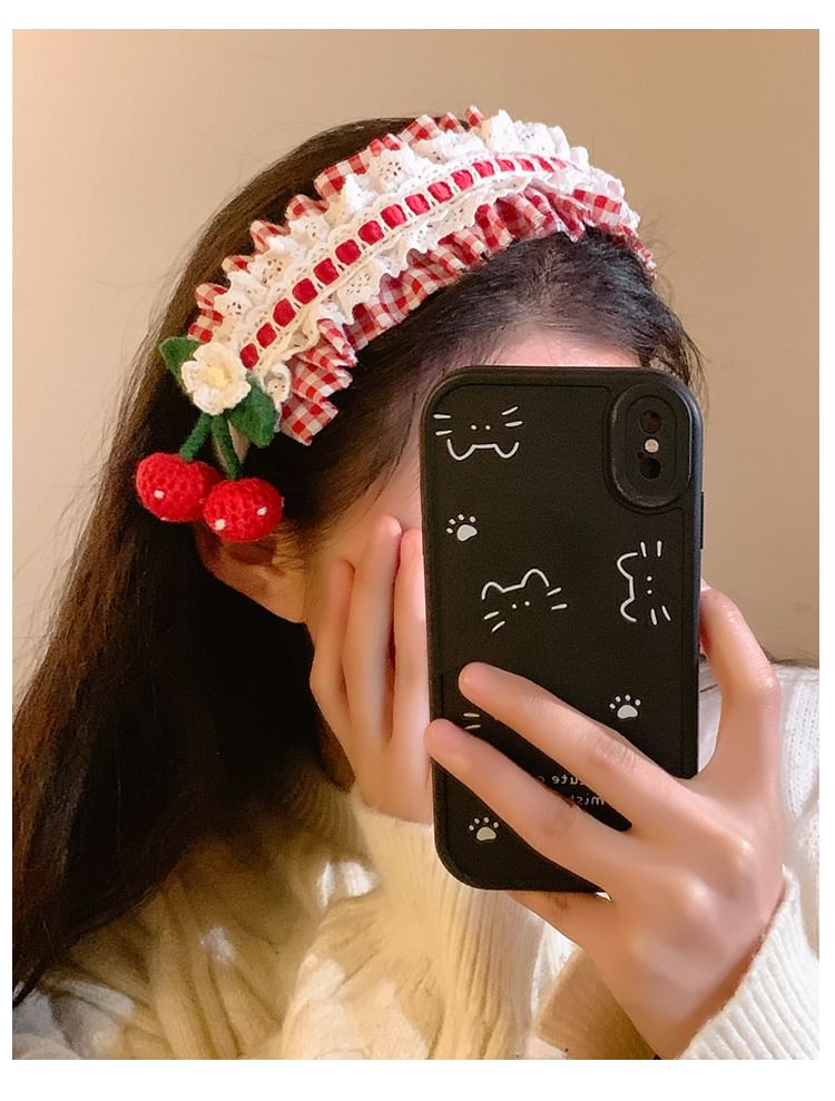 Plaid Detail Cherry Ruffle Headband