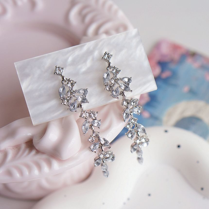 Rhinestone Leaf Drop Earring Clip-On /