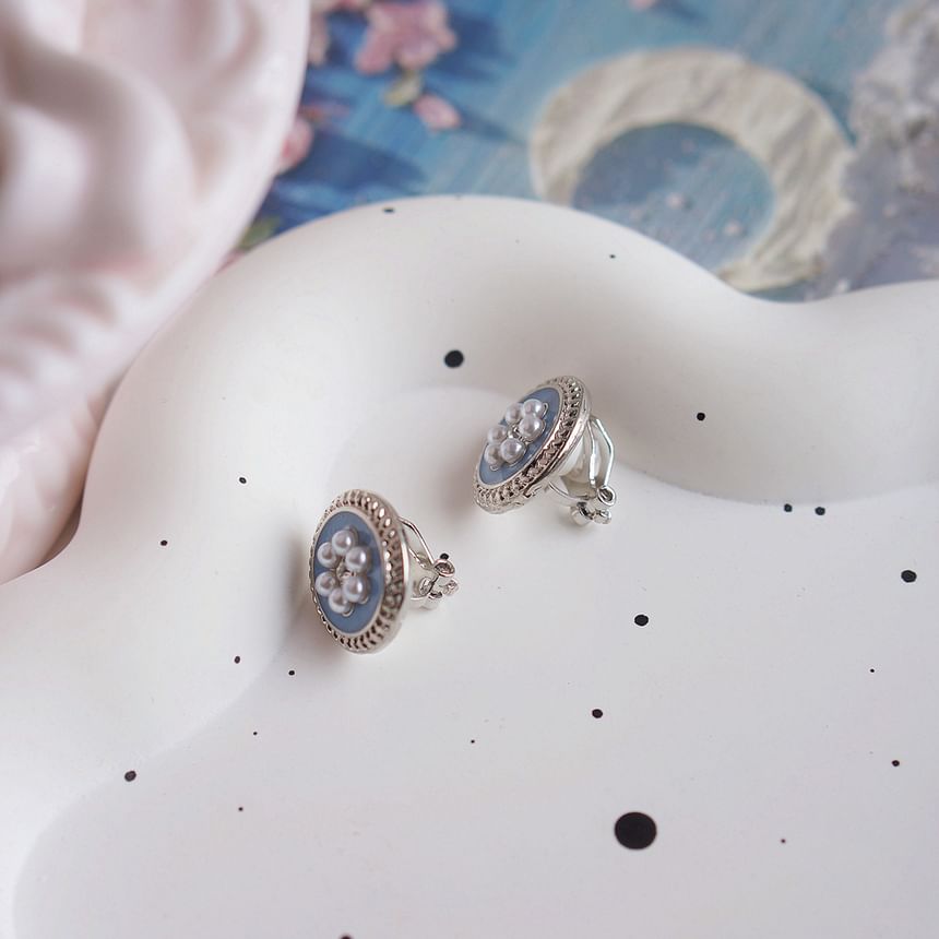 Ear Pearl Flower / Faux Earring Rhinestone Clip-On Stud
