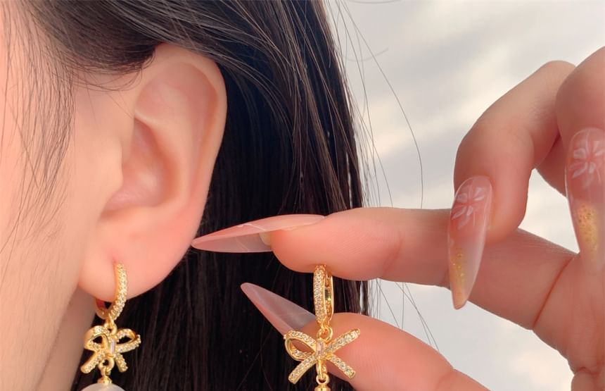 Rhinestone Pearl Faux Drop Huggie Earring Bow