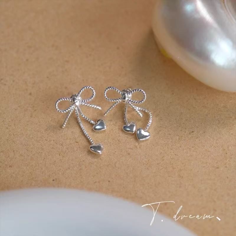 Earring Heart Bow Dangle Alloy