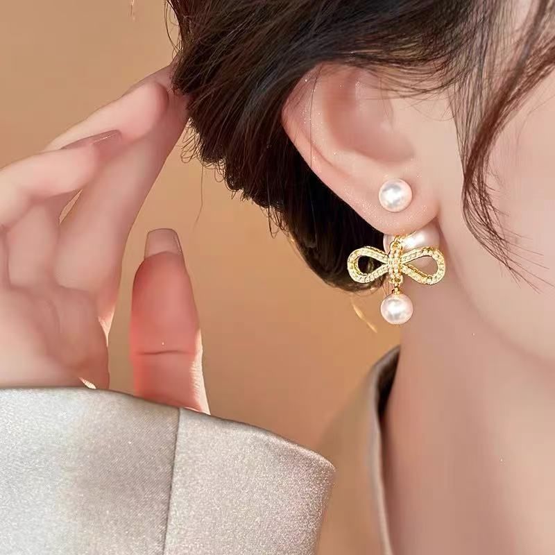 Drop Alloy Earring Pearl Bow Faux