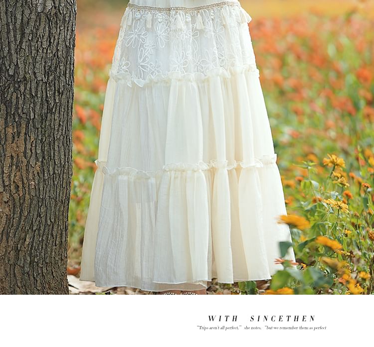 Sleeveless Tasseled Plain Top / High Waist Maxi A-Line Skirt / Jacket / Set