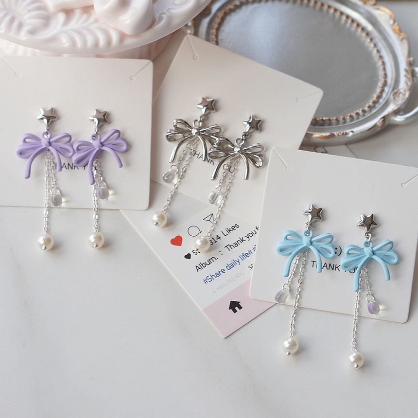 Faux Silver Earring 925 Sterling Bow / Pearl Drop Clip-On