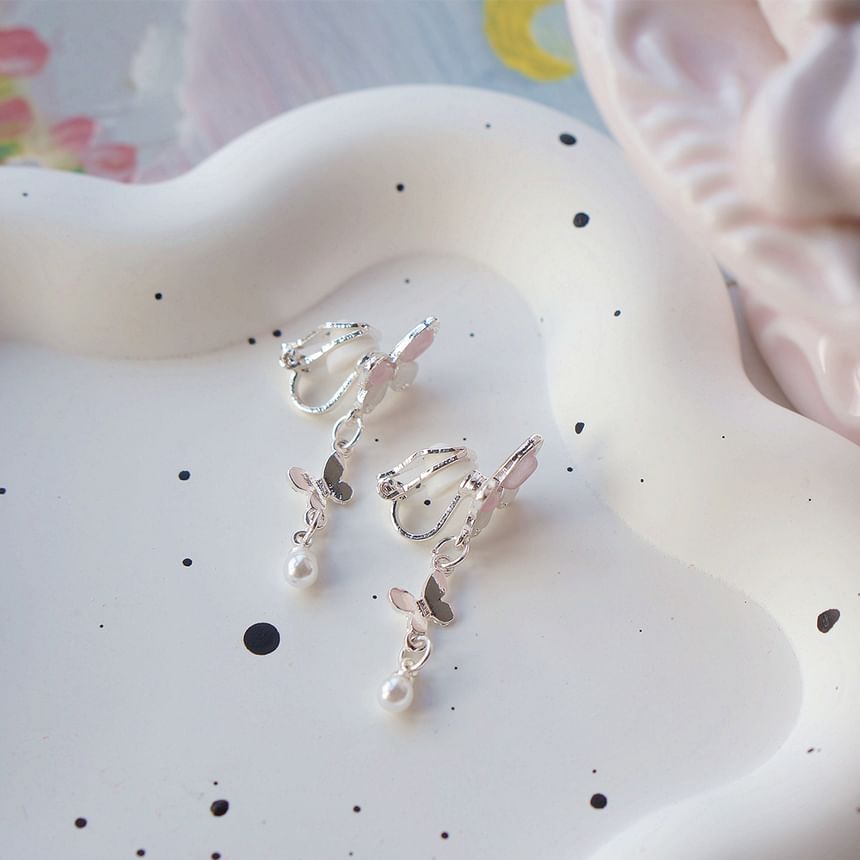 Faux Earring Silver / Sterling 925 Drop Clip-On Butterfly Pearl