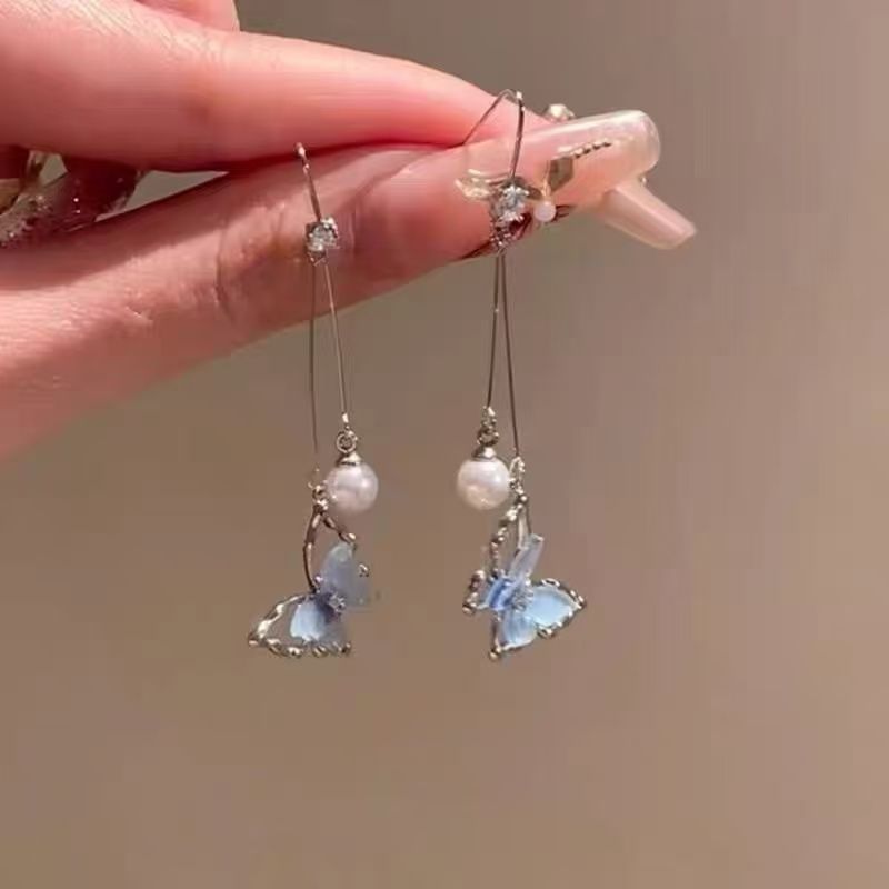 Earring Alloy Butterfly Pearl Faux Dangle