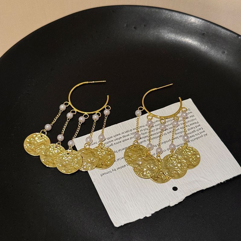 Faux Textured Earring Disc Chandelier Pearl Alloy
