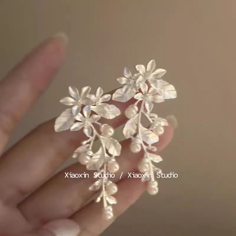 Floral Earring Faux Pearl Dangle Alloy