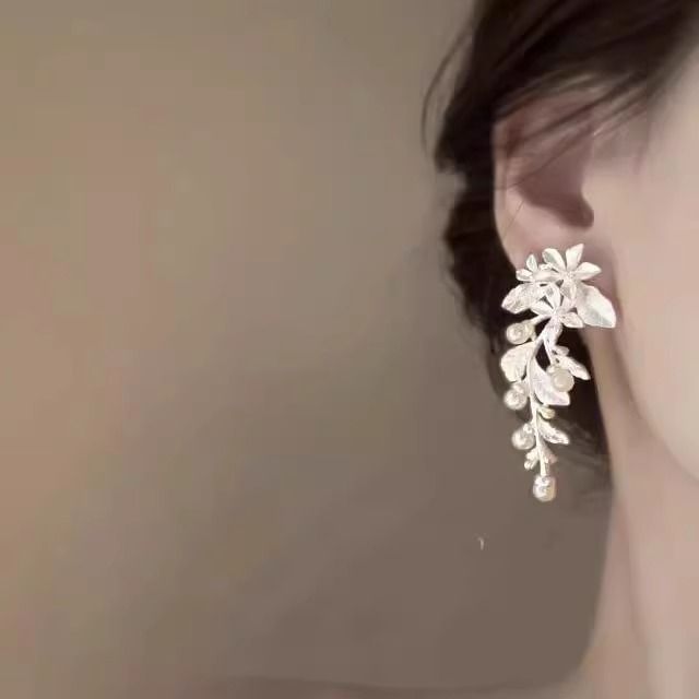 Floral Earring Faux Pearl Dangle Alloy
