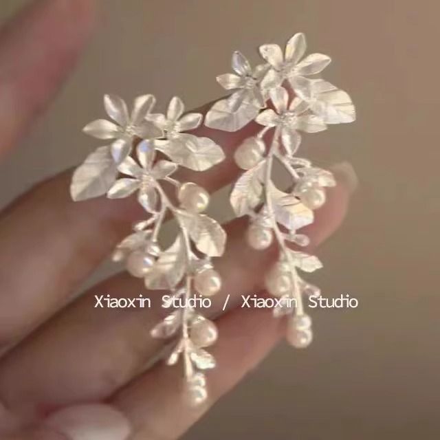 Floral Earring Faux Pearl Dangle Alloy