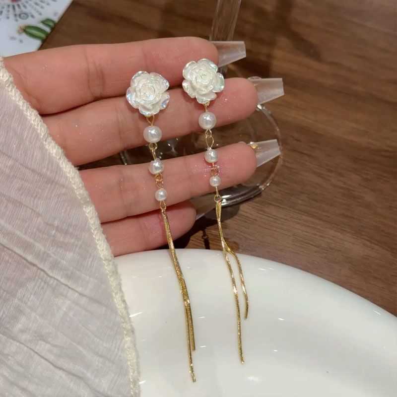 Faux Pearl Floral Threader Alloy Earring