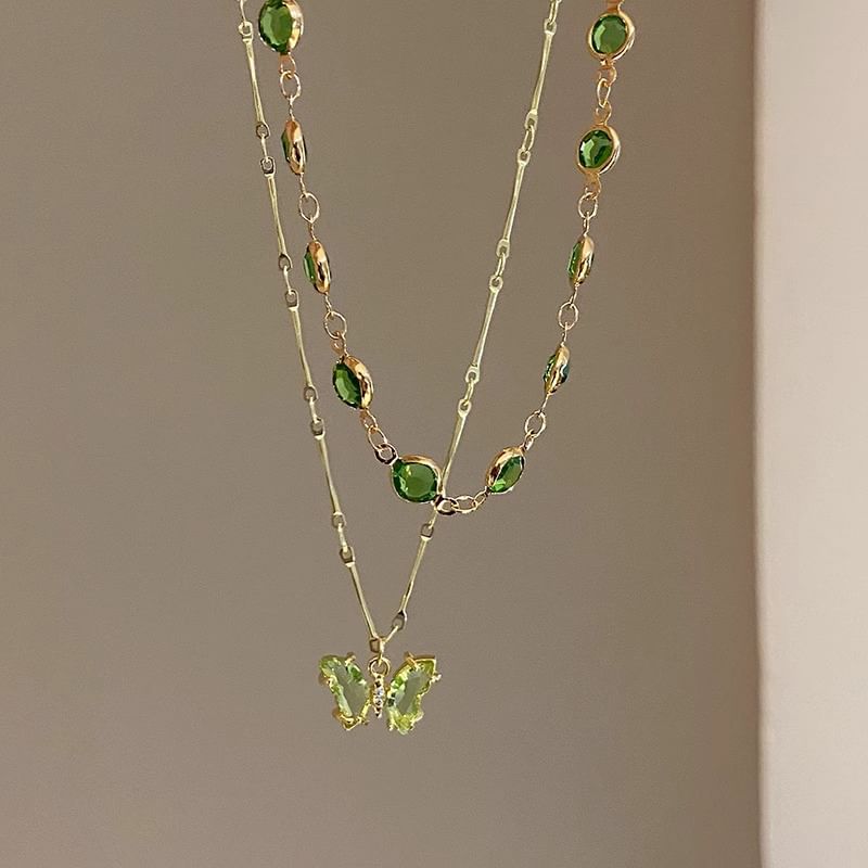 Station Butterfly Rhinestone Layered Necklace