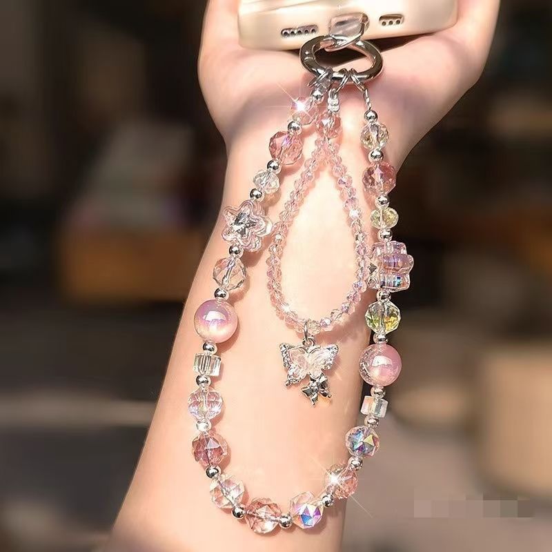 Strap Crystal Lanyard Beaded with Butterfly Wrist Faux Pad Phone