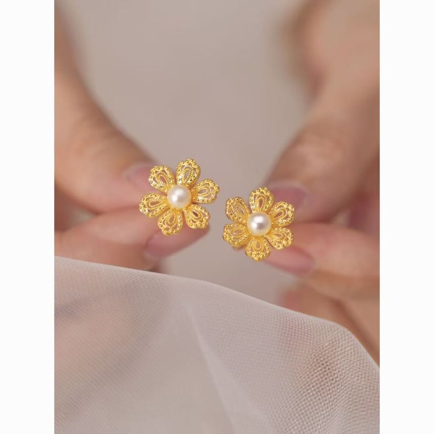 Alloy Earring Pearl Stud Floral Faux