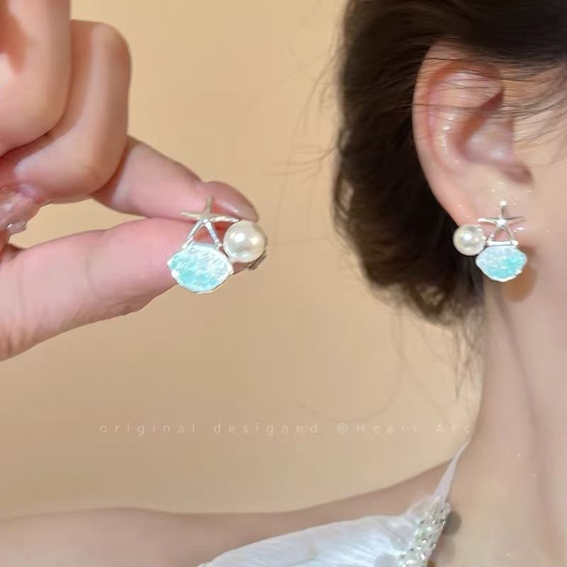 Pearl Rhinestone Starfish Earring Faux Stud Alloy