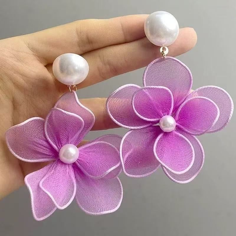 Floral Earring Faux Alloy Statement Mesh Pearl