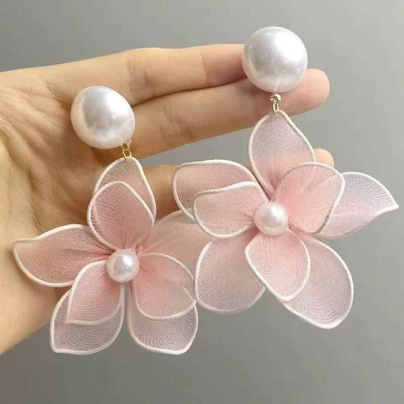 Floral Earring Faux Alloy Statement Mesh Pearl
