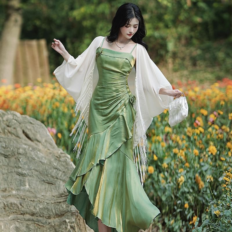 Spaghetti Strap Plain Asymmetrical Flower Accent Ruched A-Line Dress / Fringed Open Front Long Light Jacket / Set