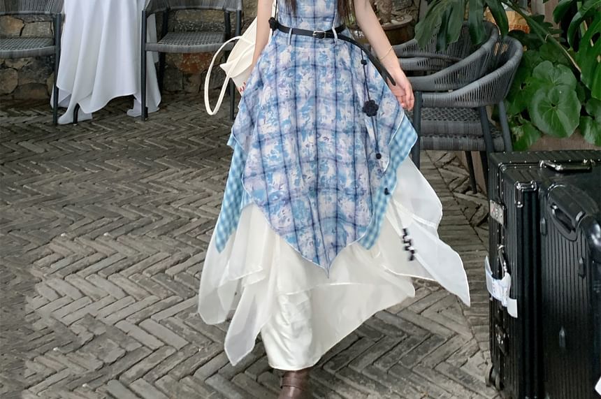 Spaghetti Strap Plaid A-Line Dress / Maxi A-Line Skirt / Belt / Set