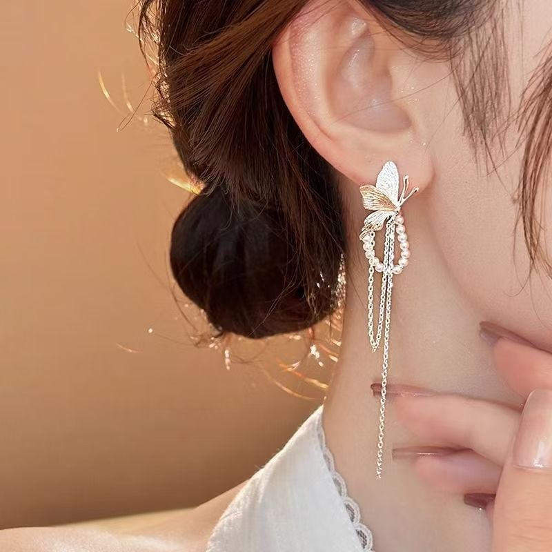 Earring Pearl Faux Fringed Butterfly Drop