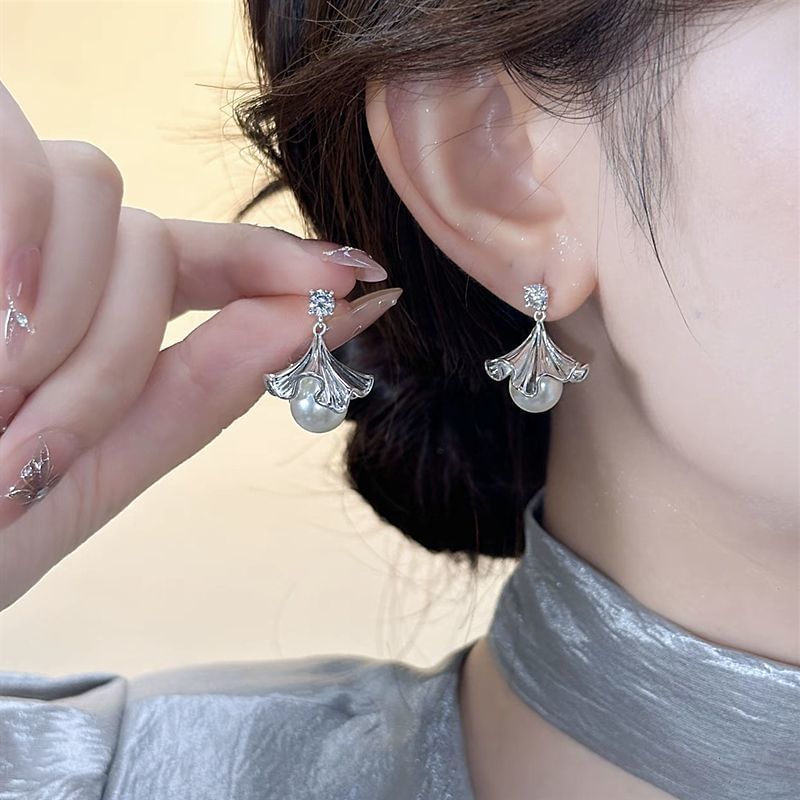 Drop Earring Pearl Rhinestone Faux Ginkgo