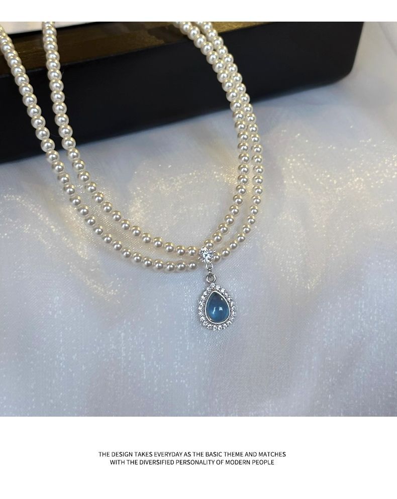 Gemstone Pendant Layered Faux Necklace Pearl