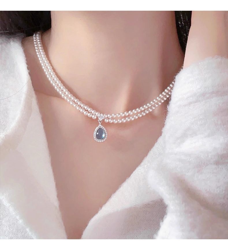 Gemstone Pendant Layered Faux Necklace Pearl