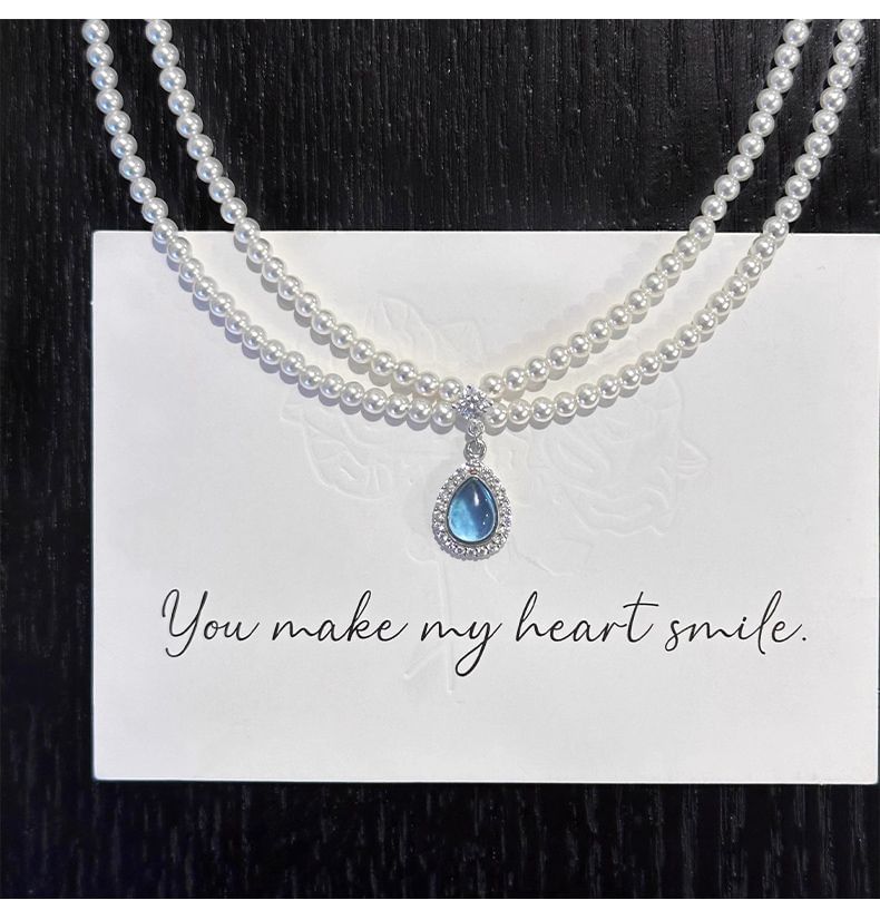 Gemstone Pendant Layered Faux Necklace Pearl