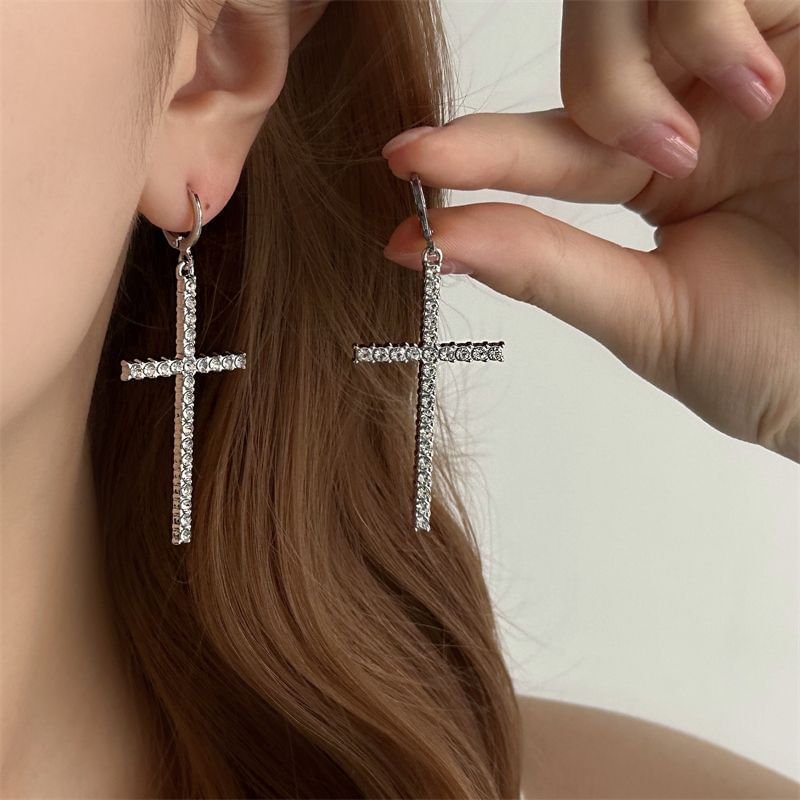 Cross Drop Huggie Earring Rhinestone