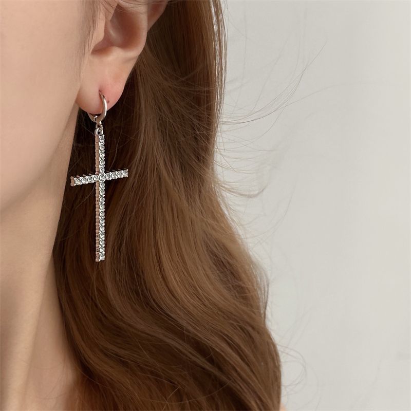 Cross Drop Huggie Earring Rhinestone