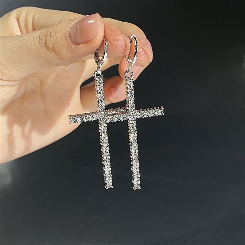 Cross Drop Huggie Earring Rhinestone