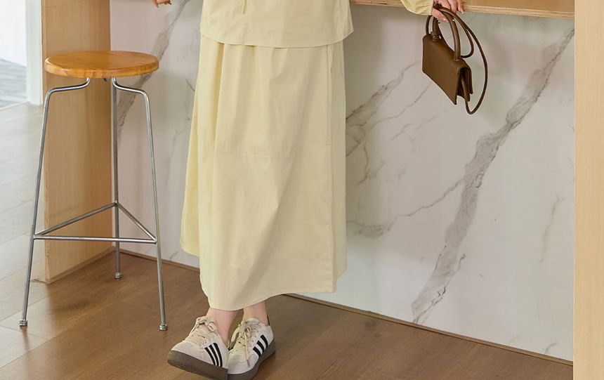 Set: Long-Sleeve V-Neck Plain Beaded Tie Front Blouse + High Waist Midi A-Line Skirt