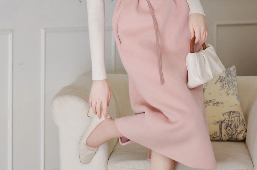 Crew Neck Plain Midi A-Line Overall Dress / 3/4-Sleeve Open Front Coat / Long-Sleeve Turtleneck Knit Top / Belt / Set
