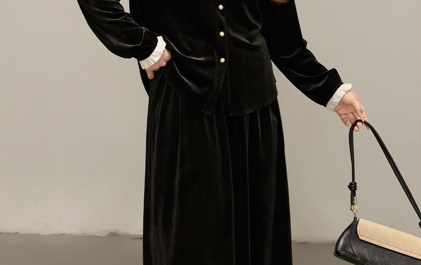 Long Sleeve Collared Two Tone Pleated Panel Velvet Blouse