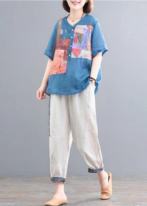 Two Set Lake Piece Summer Print Oversized Blue Linen