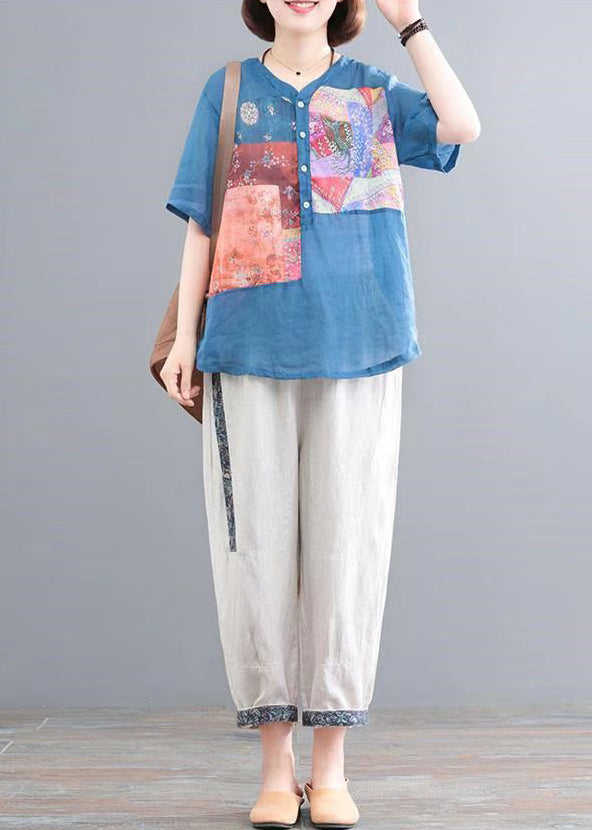 Two Set Lake Piece Summer Print Oversized Blue Linen