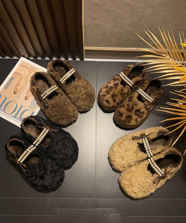 Leopard Kunstfell Stilvolle Spleißen Nagel Perle Plattfüße Schuhe TQ059