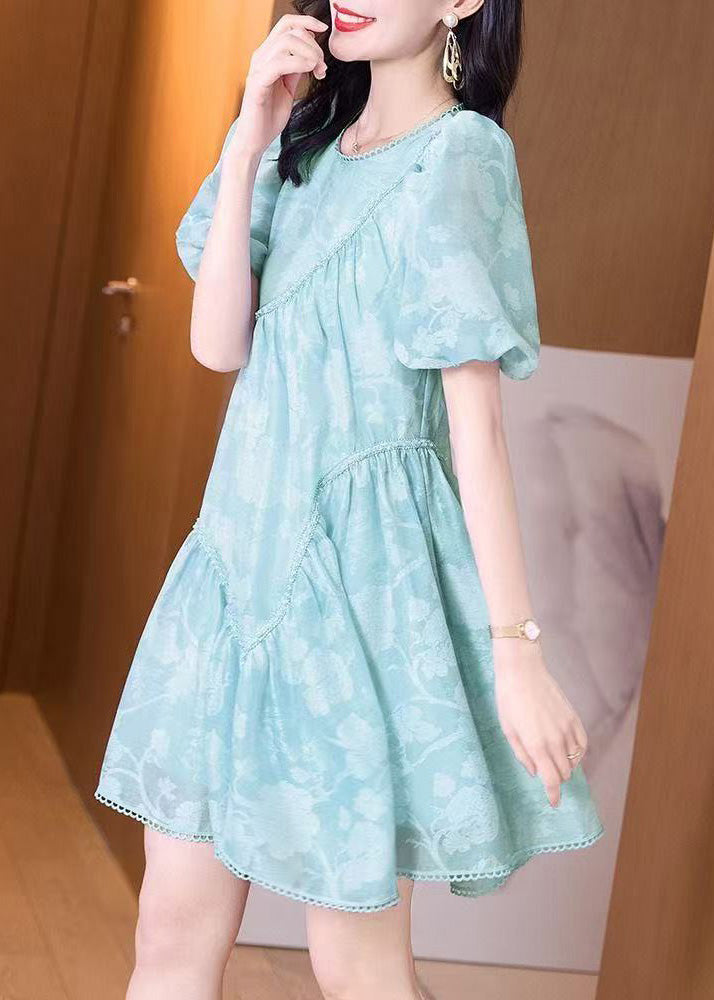 Mid Wrinkled Puffkleid mit O-Ausschnitt und leichten Ärmeln Blau