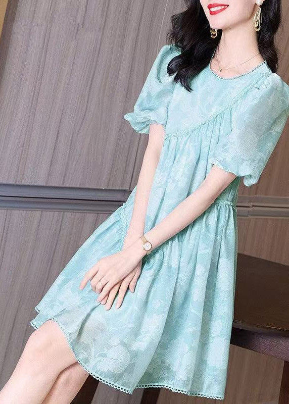 Mid Wrinkled Puffkleid mit O-Ausschnitt und leichten Ärmeln Blau