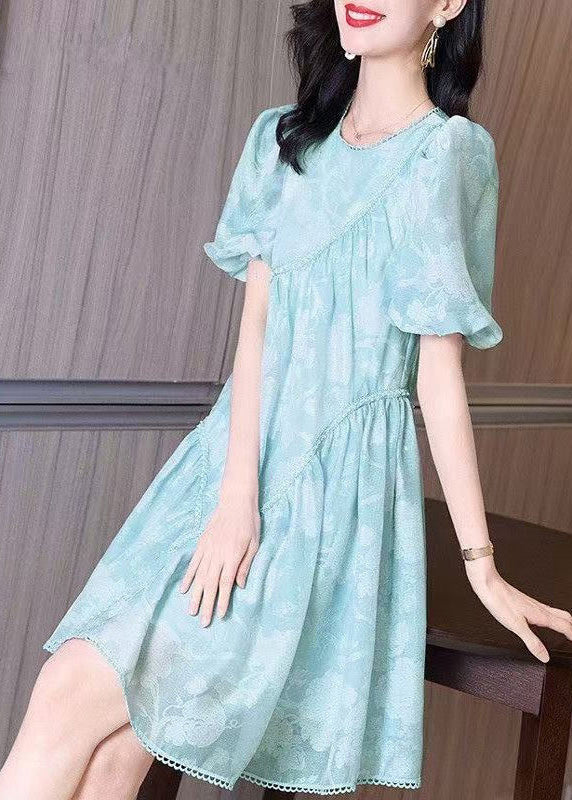 Mid Wrinkled Puffkleid mit O-Ausschnitt und leichten Ärmeln Blau