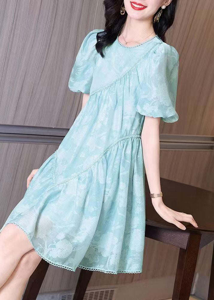 Mid Wrinkled Puffkleid mit O-Ausschnitt und leichten Ärmeln Blau