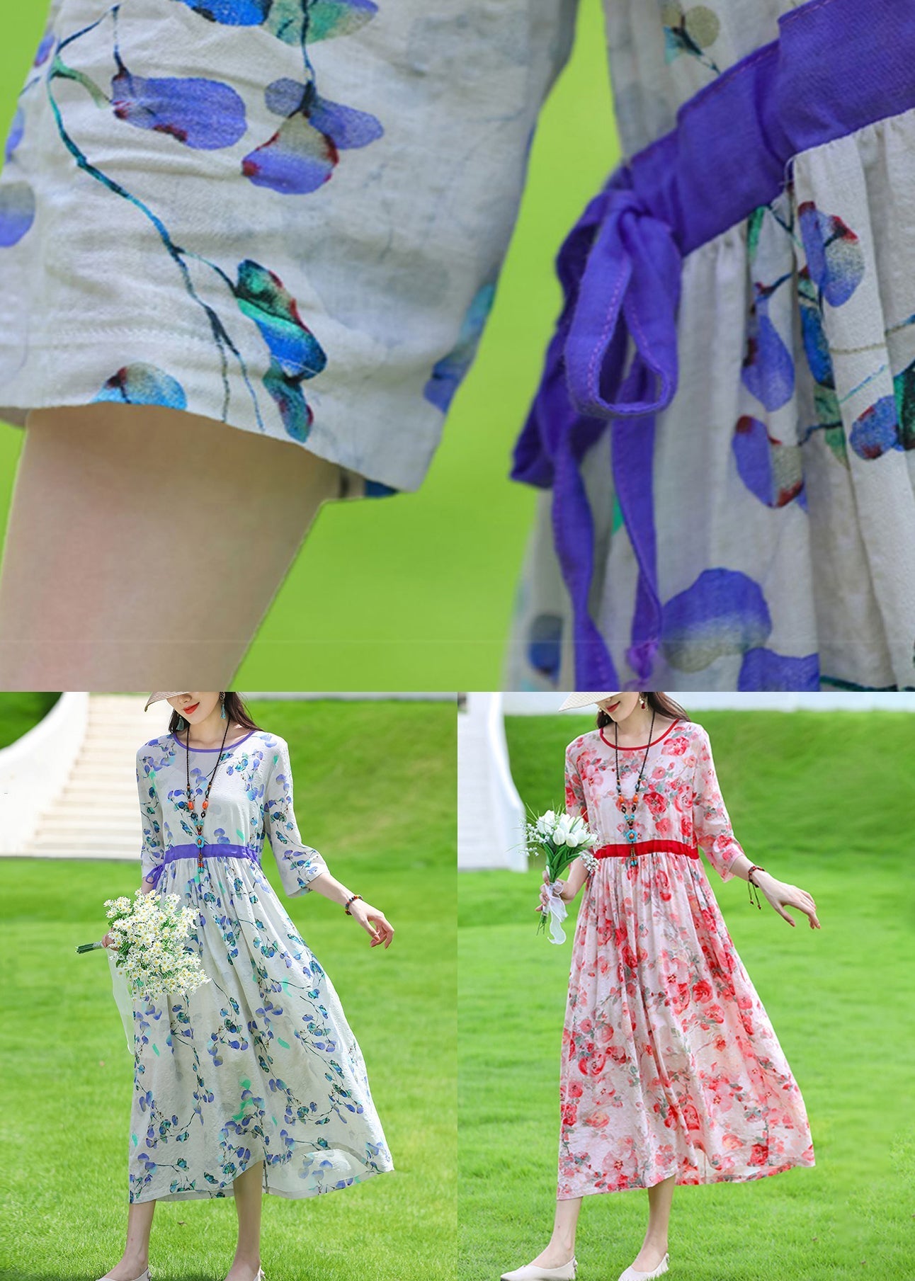 Hellblaues langes Leinenkleid mit Taschen und Rundhalsausschnitt und halben Ärmeln JH011