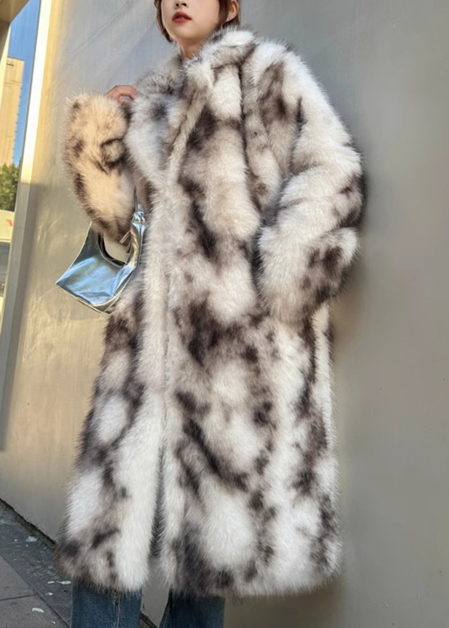 Hellrosa Stehkragen Leder und Pelz Maxi Mantel Langarm RD019