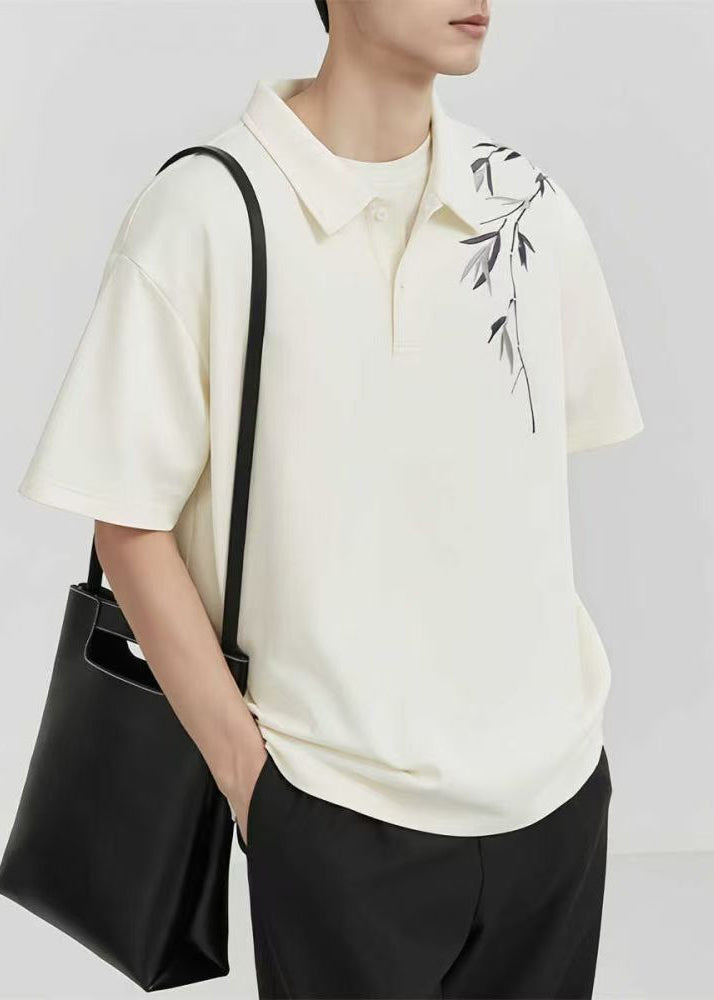 Lose Baumwolle Herren Apricot Shirt Polo Button Print Sommer