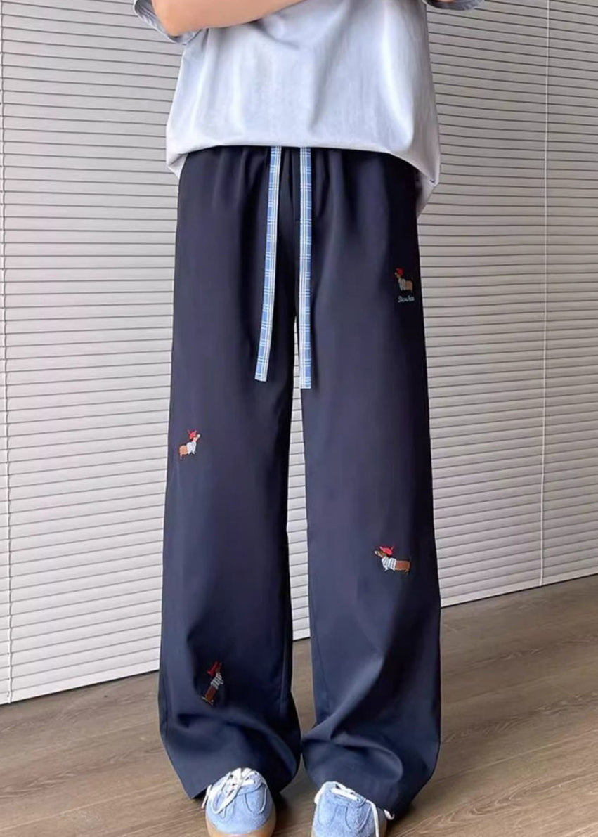 Pantalon ample en coton avec cordon de serrage et poches pour homme, brodé, abricot